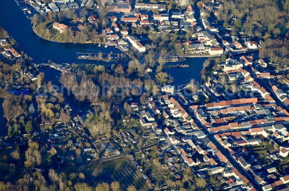 Zehdenick from above - City center in the downtown area on the banks of river course the Havel in Zehdenick in the state Brandenburg, Germany
