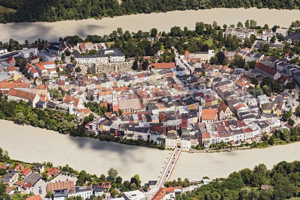 Aerial image Wasserburg am Inn - City center in the downtown area on the banks of river course of Inn in Wasserburg am Inn in the state Bavaria, Germany