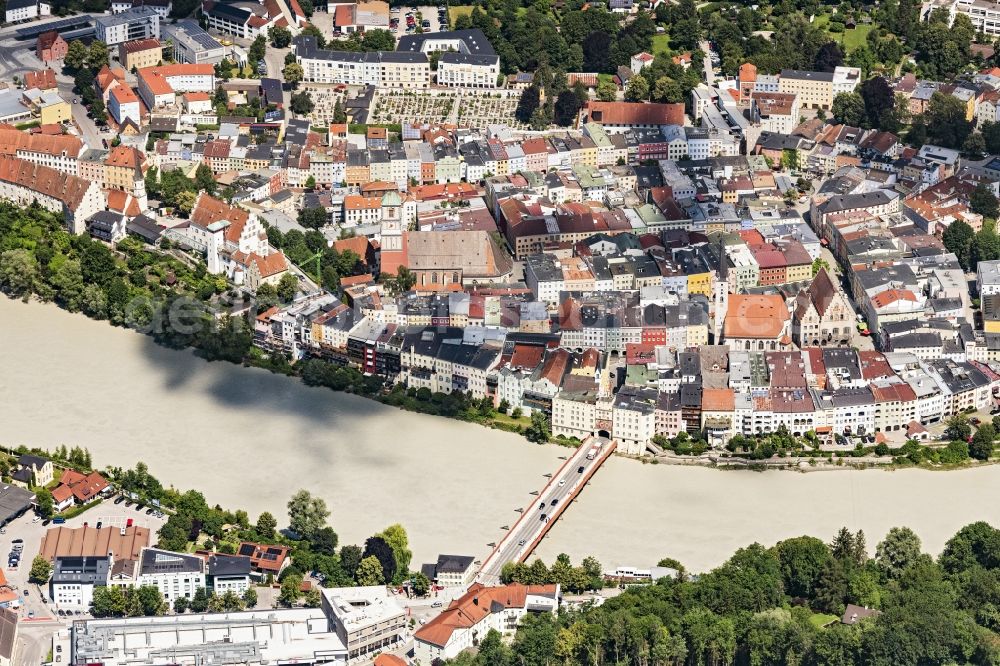 Aerial photograph Wasserburg am Inn - City center in the downtown area on the banks of river course of Inn in Wasserburg am Inn in the state Bavaria, Germany