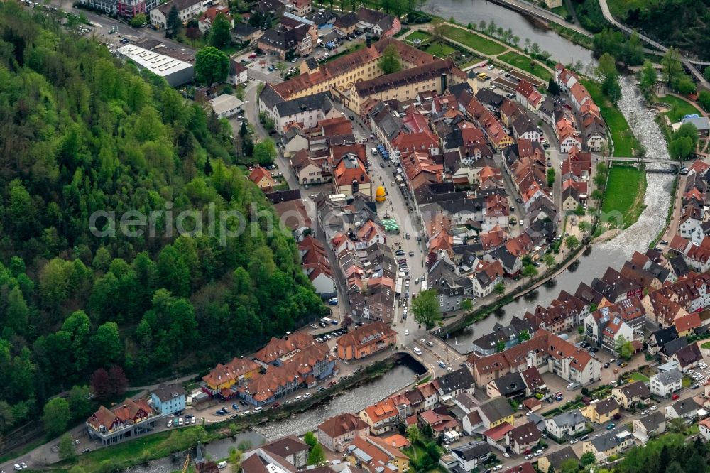 Wolfach from above - City center in the downtown area on the banks of river course Kinzig in Wolfach in the state Baden-Wurttemberg, Germany