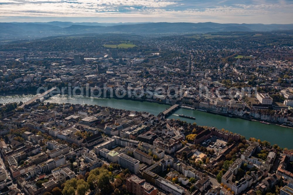 Basel from above - City center in the downtown area on the banks of river course of the Rhine river in Basel, Switzerland