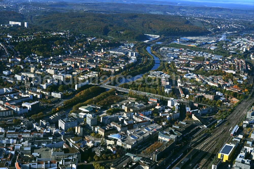 Saarbrücken from above - City center in the downtown area on the banks of river course of the river Saar in Saarbruecken in the state Saarland, Germany