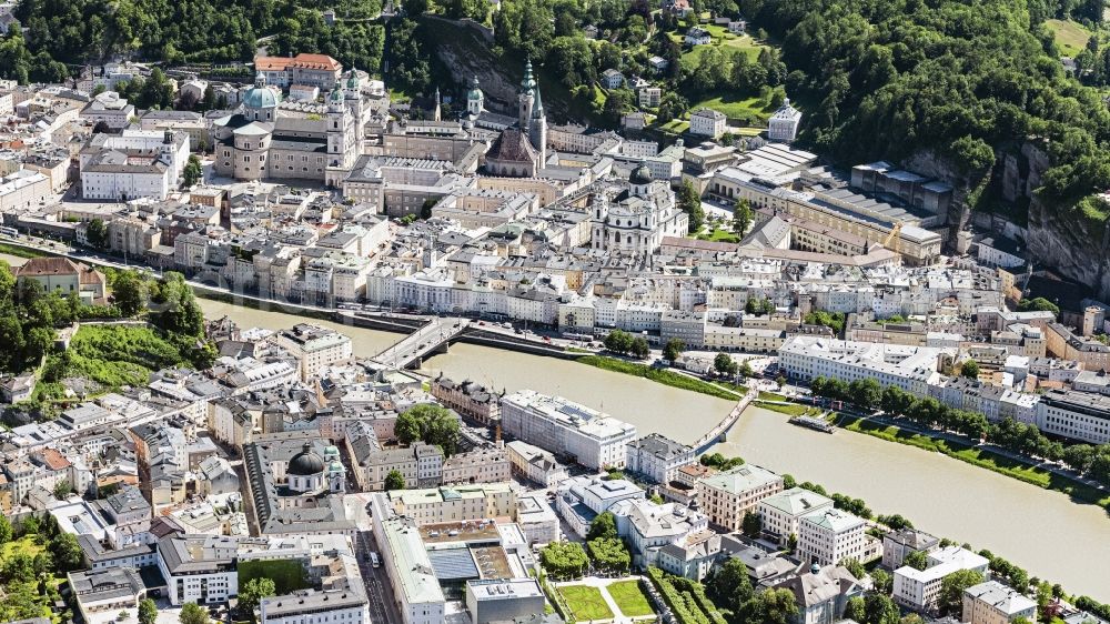 Aerial image Salzburg - City center in the downtown area on the banks of river course of Salzach in Salzburg in Austria