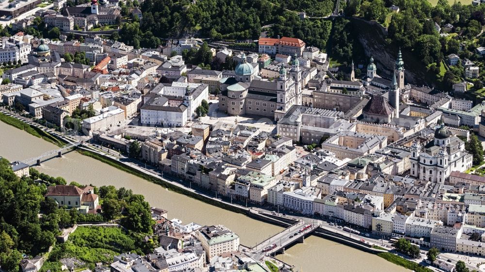 Salzburg from the bird's eye view: City center in the downtown area on the banks of river course of Salzach in Salzburg in Austria
