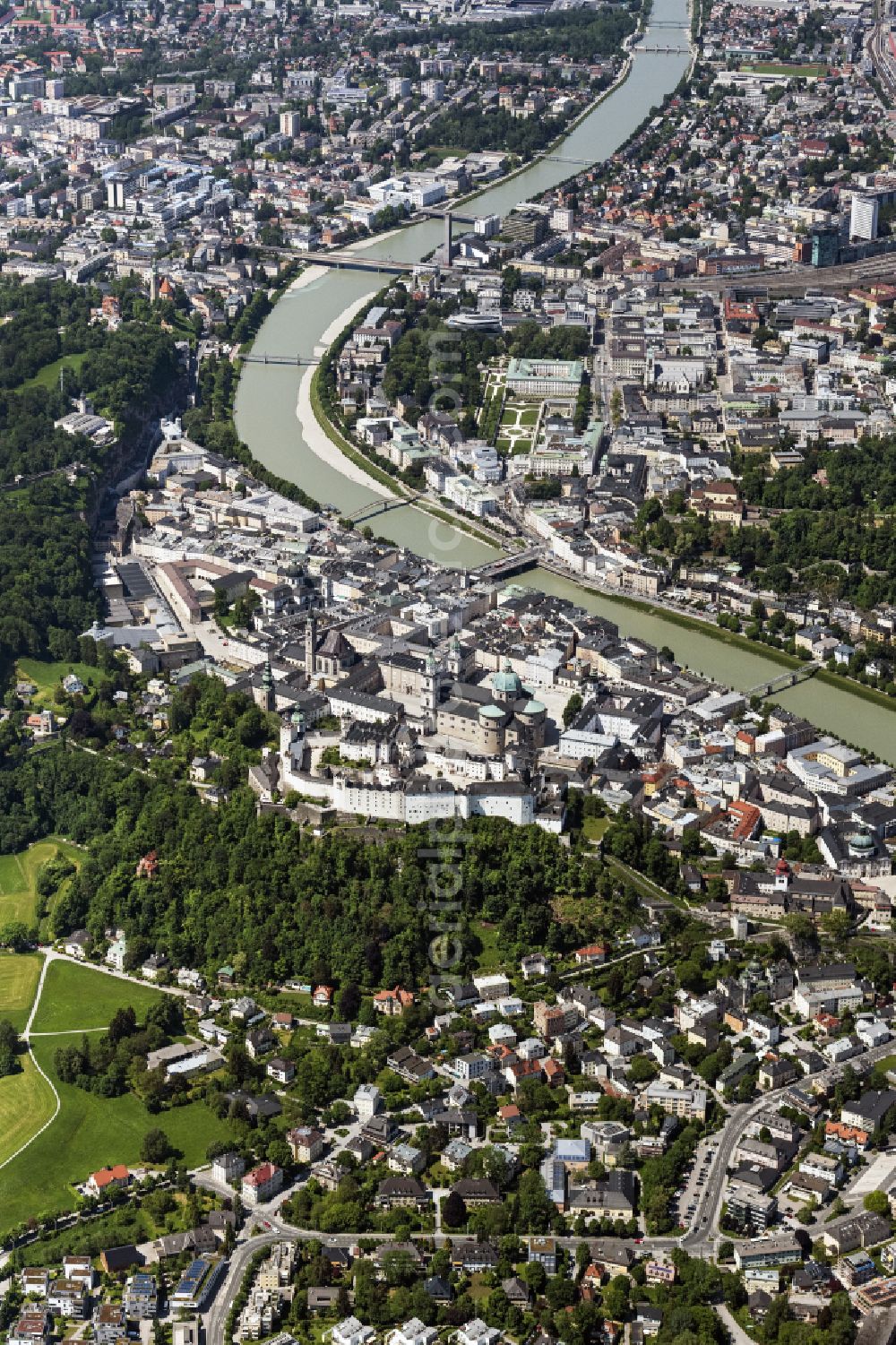 Aerial image Salzburg - City center in the downtown area on the banks of river course of Salzach in Salzburg in Austria