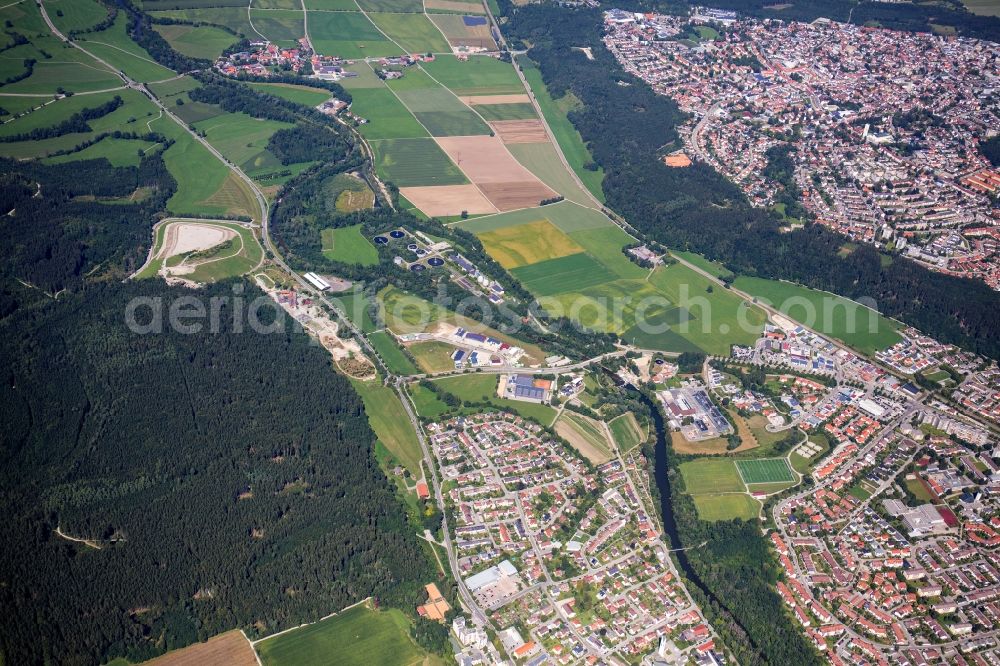 Aerial photograph Kaufbeuren - City center in the downtown area on the banks of river course of Wertach in Kaufbeuren in the state Bavaria, Germany