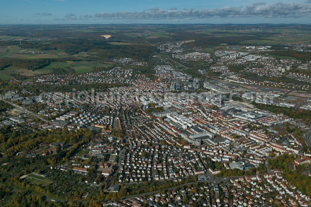 Ulm from above - The city center in the downtown area in Ulm in the state Baden-Wuerttemberg, Germany
