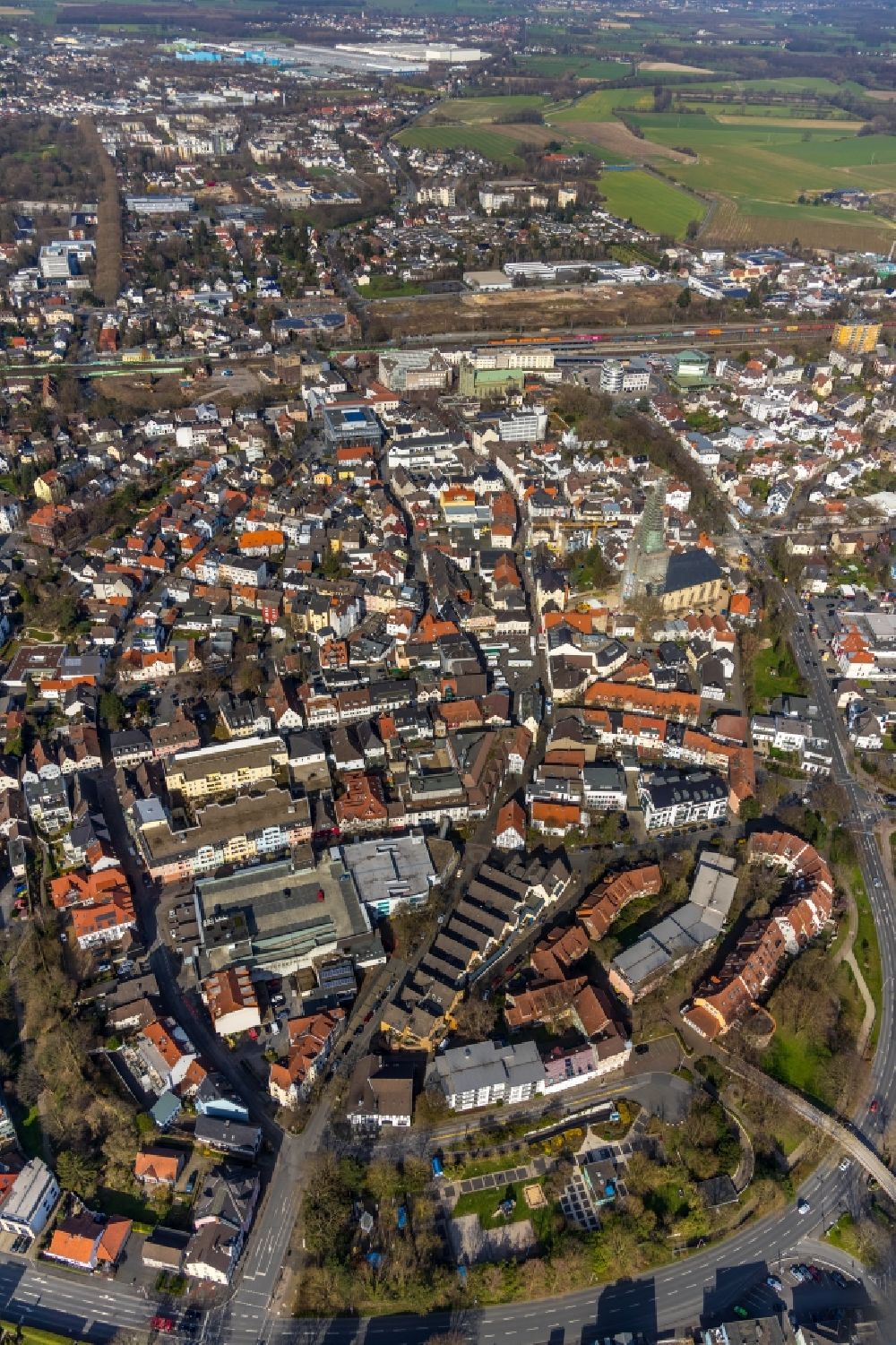 Unna from the bird's eye view: The city center in the downtown area in Unna in the state North Rhine-Westphalia, Germany