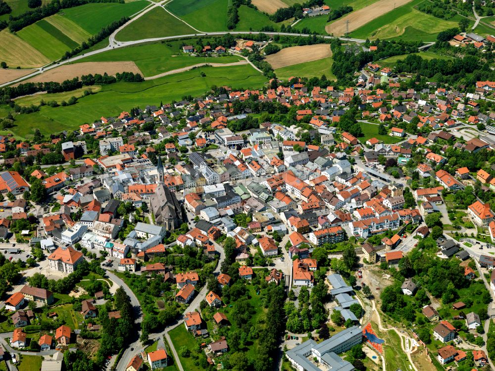 Waldkirchen from above - The city center in the downtown area in Waldkirchen in the state Bavaria, Germany