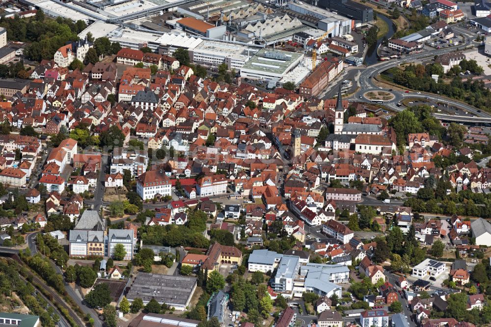 Wombach from above - The city center in the downtown area in Wombach in the state Bavaria, Germany
