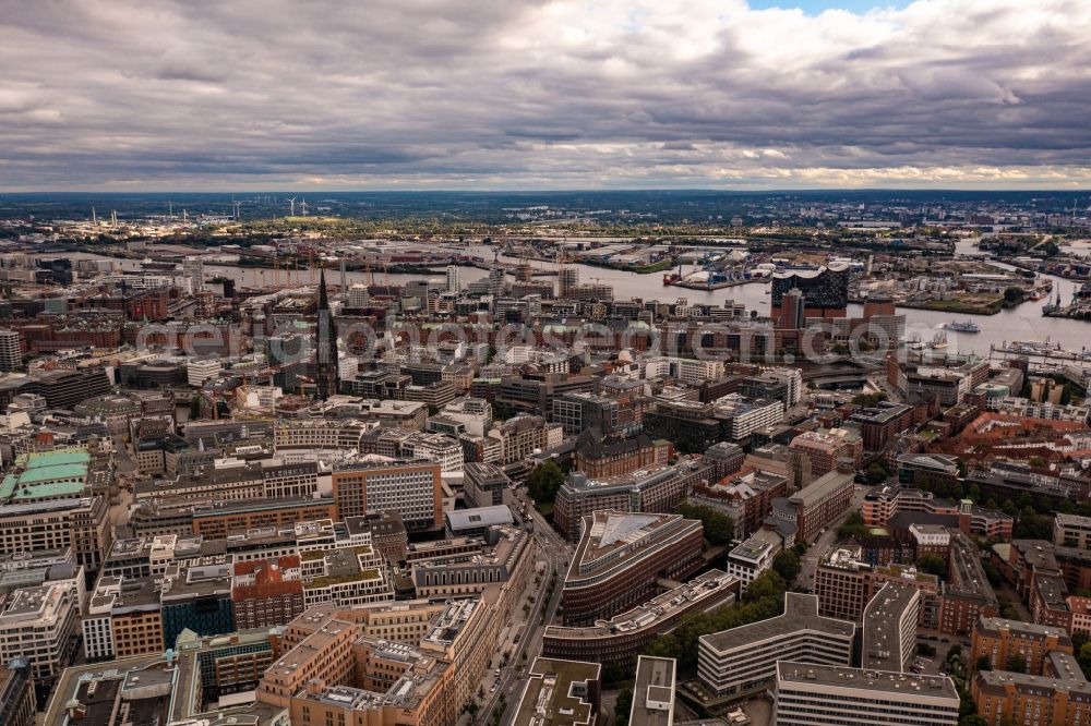 Hamburg from above - Downtown area and old city centre in Hamburg. The foreground shows the Elbe riverbank areas, the background shows the Aussenalster lake