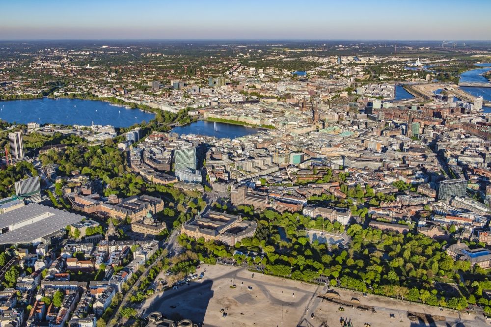 Hamburg from above - Downtown area and old city centre on the riverbank of the Elbe in Hamburg. The foreground shows the Elbe riverbank areas, the background shows the Aussenalster lake