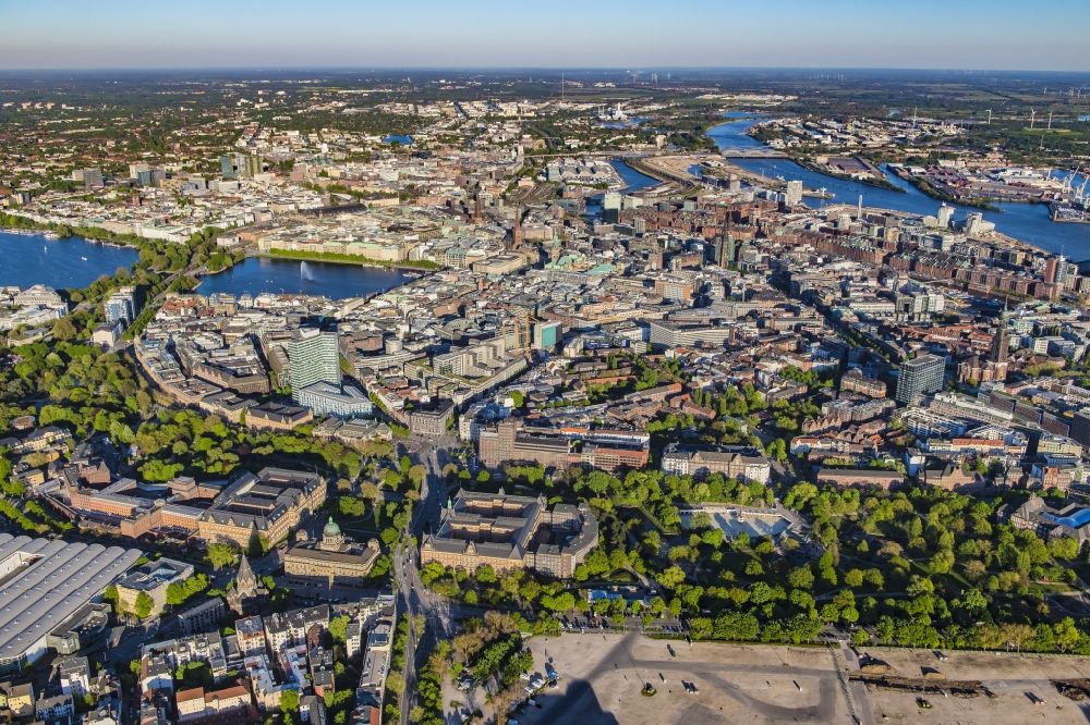 Hamburg from above - Downtown area and old city centre on the riverbank of the Elbe in Hamburg. The foreground shows the Elbe riverbank areas, the background shows the Aussenalster lake