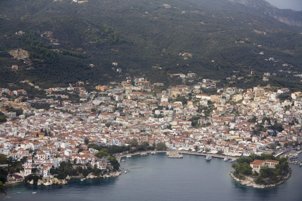 Skiathos from above - Skiathos town center on the island in Greece