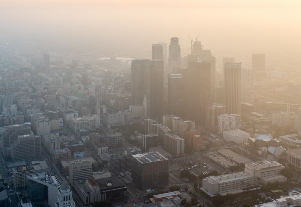 Aerial photograph Los Angeles - City center with the skyline of towers and highrises in smog in Los Angeles in California, USA