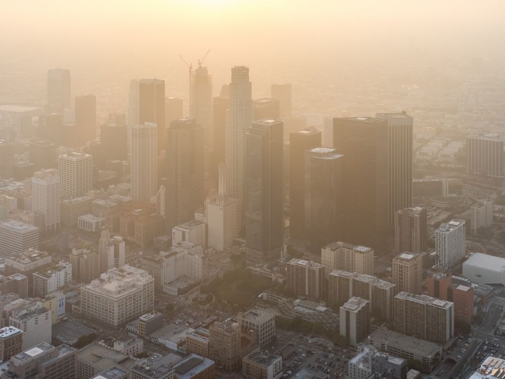 Los Angeles from above - City center with the skyline of towers and highrises in smog in Los Angeles in California, USA