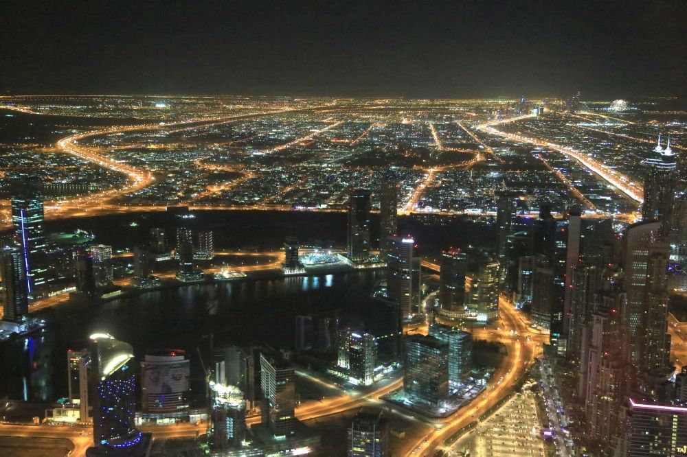 Aerial image Dubai - City center with the skyline in the downtown area in Dubai in United Arab Emirates