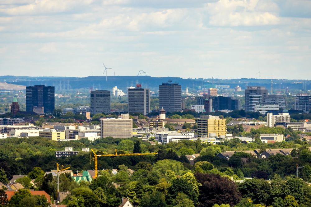 Essen from above - City center with the skyline in the downtown area in Essen at Ruhrgebiet in the state North Rhine-Westphalia, Germany