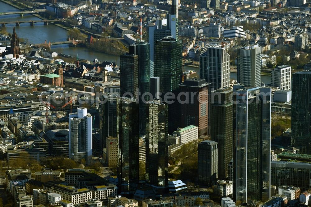 Aerial image Frankfurt am Main - City center with the skyline in the downtown area in Frankfurt in the state Hesse, Germany