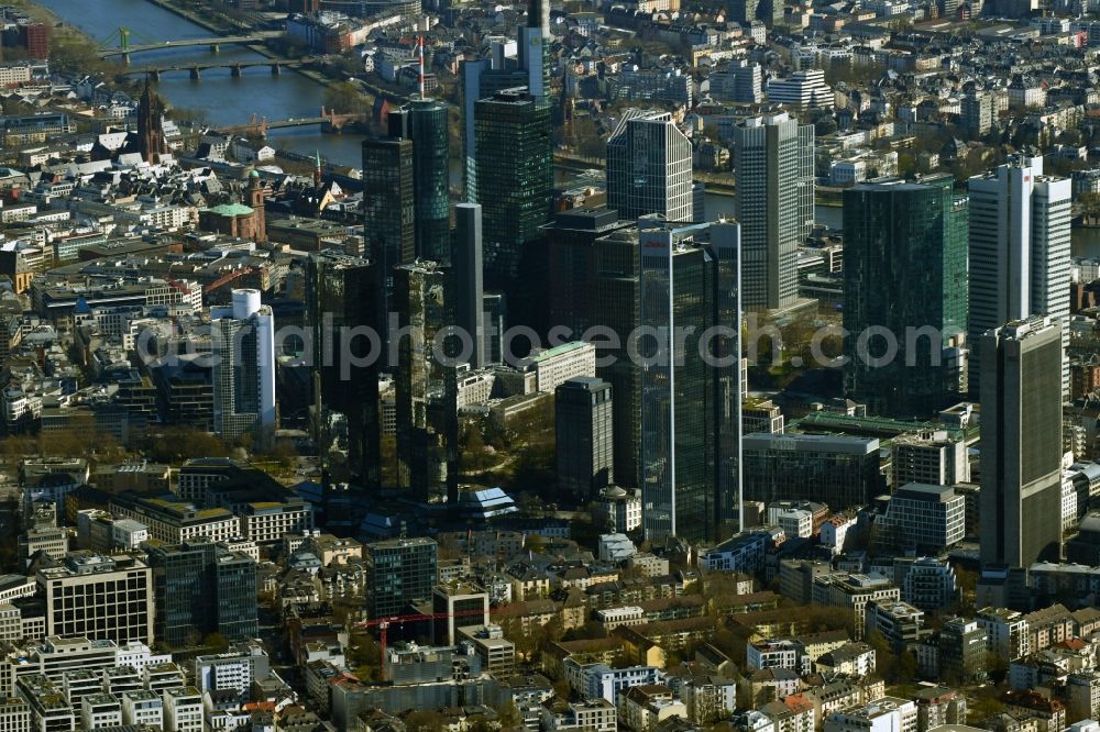 Frankfurt am Main from the bird's eye view: City center with the skyline in the downtown area in Frankfurt in the state Hesse, Germany