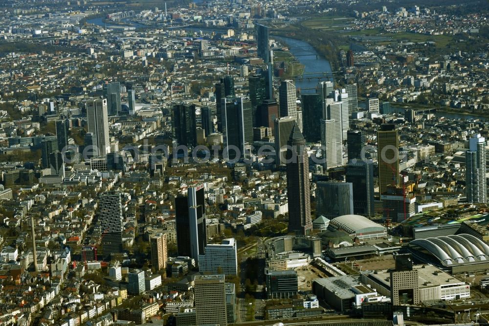 Frankfurt am Main from the bird's eye view: City center with high-rise buildings in the skyline in the inner city area in Frankfurt am Main, also known as Mainhattan, in the state of Hesse, Germany