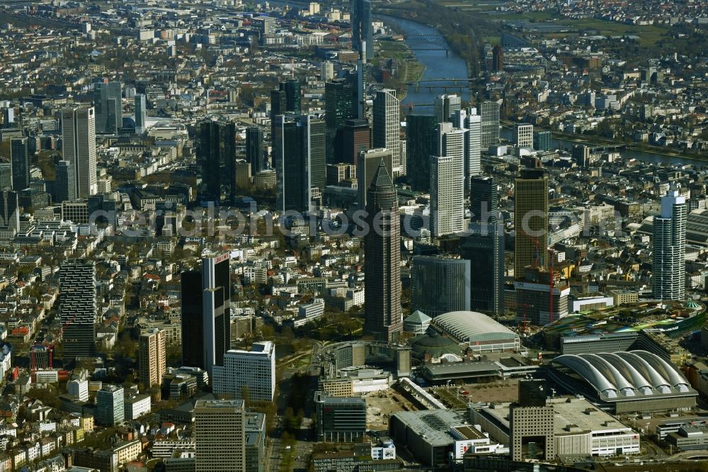 Aerial image Frankfurt am Main - City center with high-rise buildings in the skyline in the inner city area in Frankfurt am Main, also known as Mainhattan, in the state of Hesse, Germany