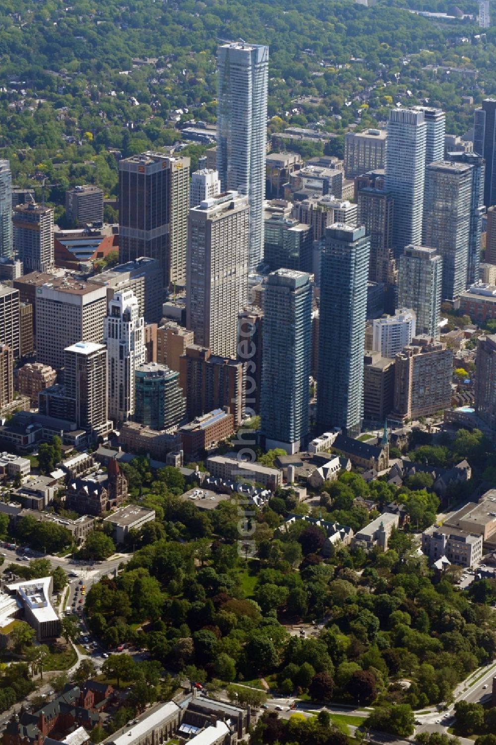Toronto from above - City center with the skyline in the downtown area in the district Church and Wellesley in Toronto in Ontario, Canada