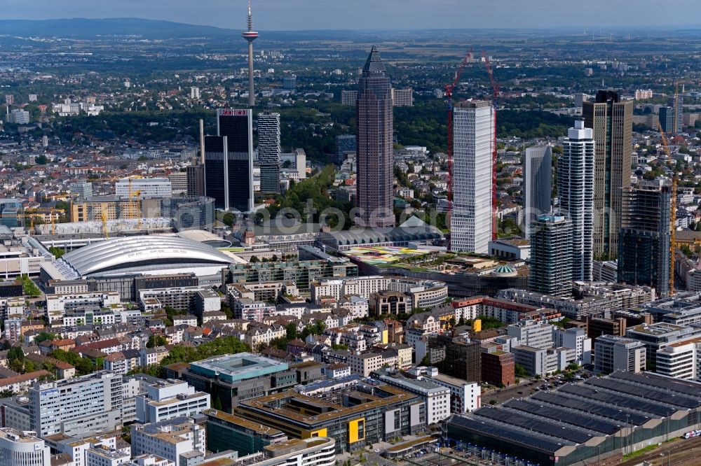 Frankfurt am Main from the bird's eye view: City center with the skyline in the downtown area in the district Innenstadt in Frankfurt in the state Hesse, Germany