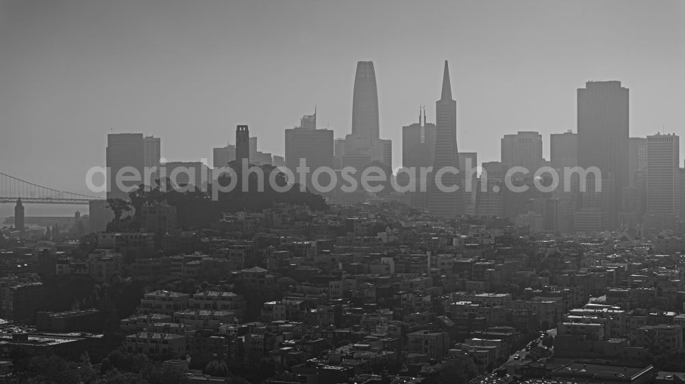 San Francisco from the bird's eye view: City center with the skyline in the downtown area in San Francisco in California, United States of America