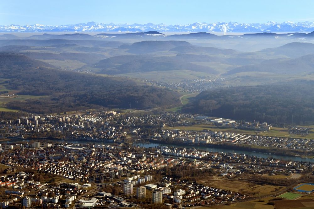 Aerial photograph Rheinfelden (Baden) - City center on the banks of river Rhine in Rheinfelden (Baden) in the state Baden-Wurttemberg, Germany. Looking over the Swiss Jura mountains to the mountain range of the snow covered Swiss Alps