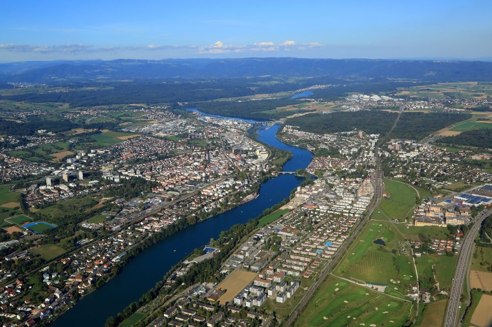 Aerial image Rheinfelden (Baden) - City centers on the banks of river course Rhine in Rheinfelden (Baden) in the state Baden-Wurttemberg, Germany, (left) and Rheinfelden, Switzerland, (right)