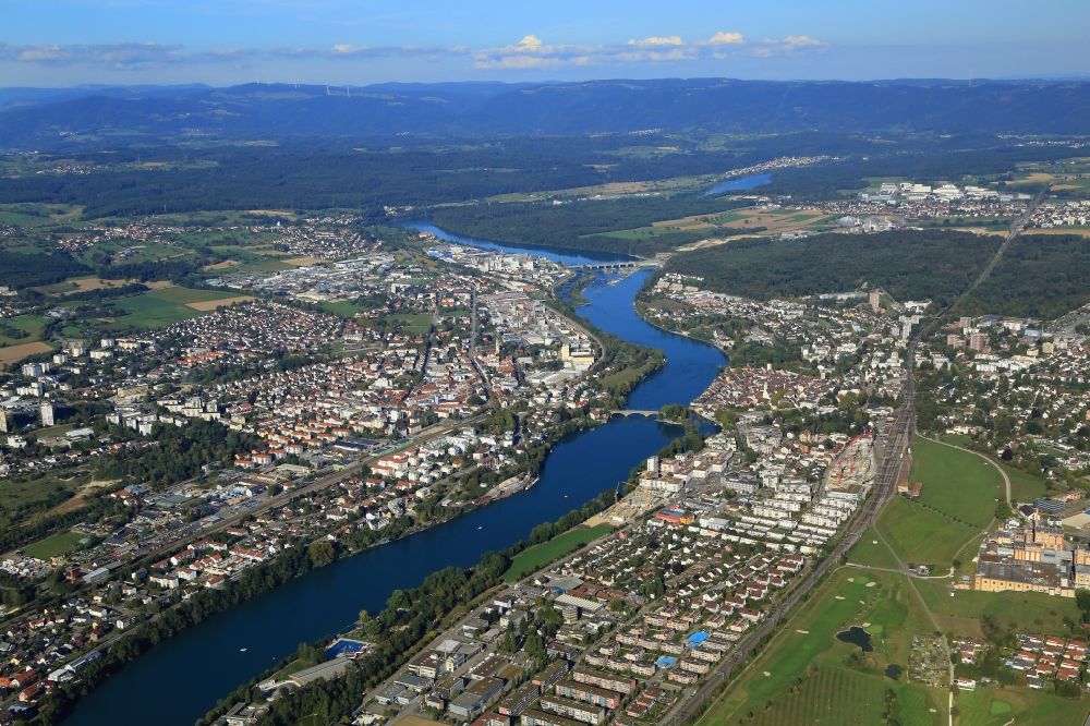 Rheinfelden (Baden) from above - City centers on the banks of river course Rhine in Rheinfelden (Baden) in the state Baden-Wurttemberg, Germany, (left) and Rheinfelden, Switzerland, (right)