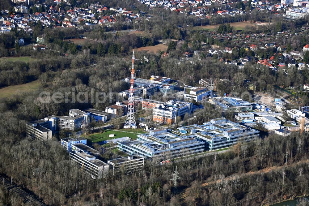 Aerial image München - Steel mast funkturm and transmission system as basic network transmitter of BR Bayerischer Rundfunk in the district Freimann in Munich in the state Bavaria, Germany