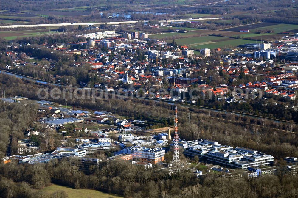 München from above - Steel mast funkturm and transmission system as basic network transmitter of BR Bayerischer Rundfunk in the district Freimann in Munich in the state Bavaria, Germany