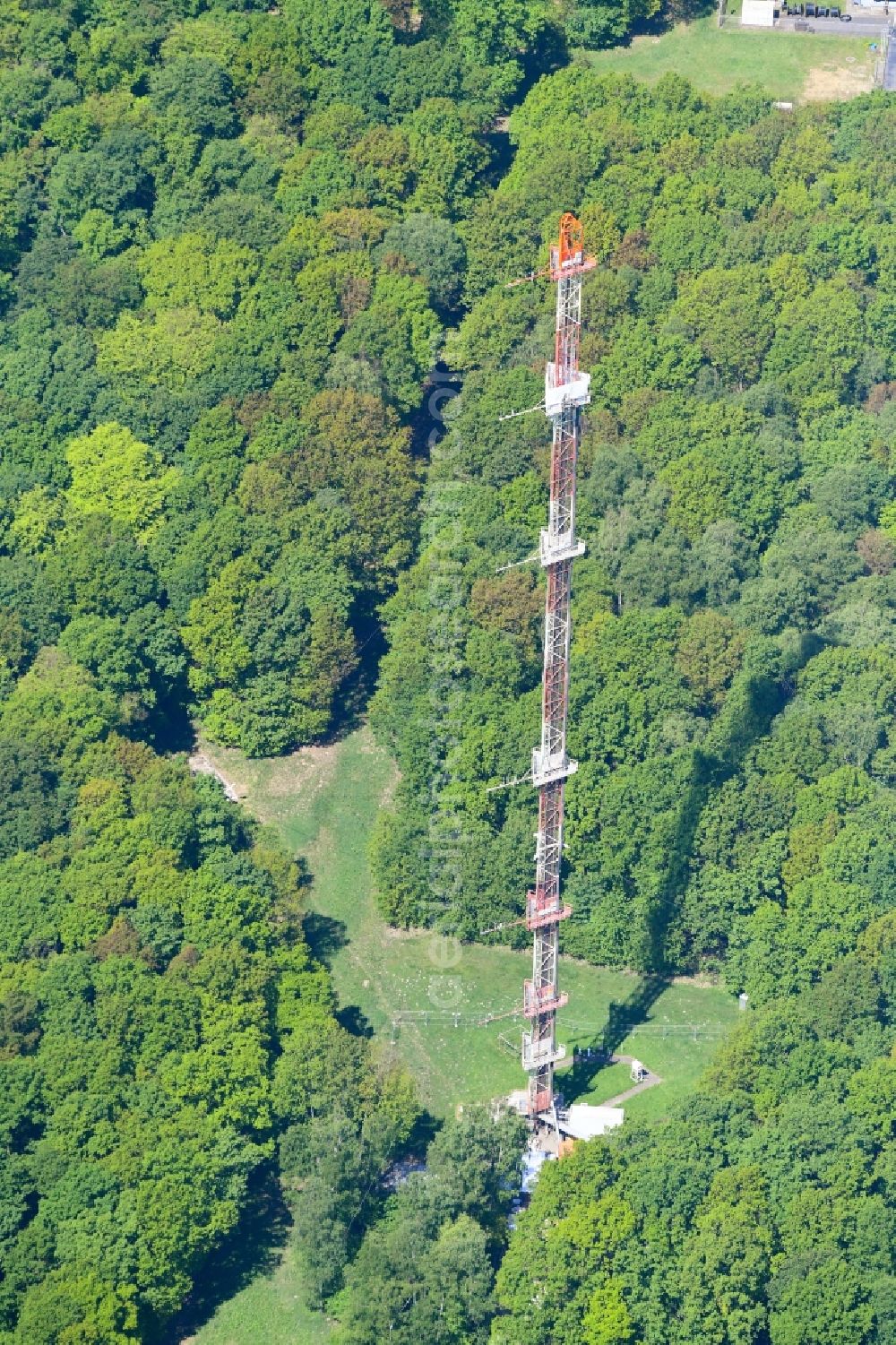 Jülich from above - Steel mast funkturm and transmission system as basic network transmitter in Juelich in the state North Rhine-Westphalia, Germany