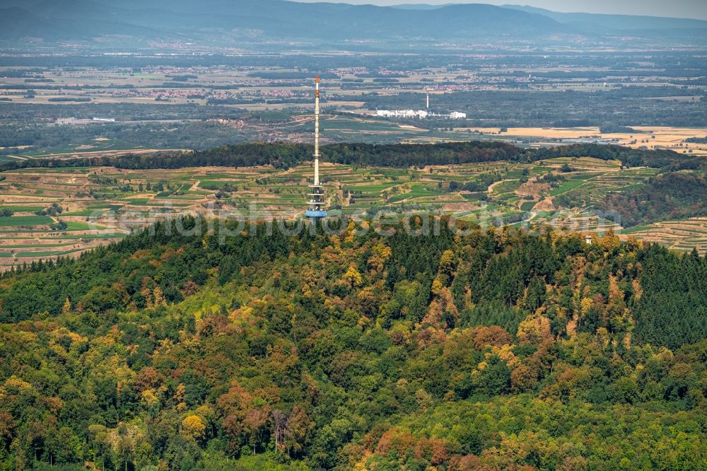 Ihringen from the bird's eye view: Steel mast funkturm and transmission system as basic network transmitter Neunlindenturm in Ihringen in the state Baden-Wurttemberg, Germany