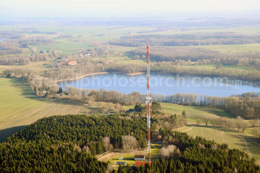 Aerial image Leizen - Steel mast funkturm and transmission system as basic network transmitter Sender Roebel-Woldzegarten in Leizen in the state Mecklenburg - Western Pomerania, Germany