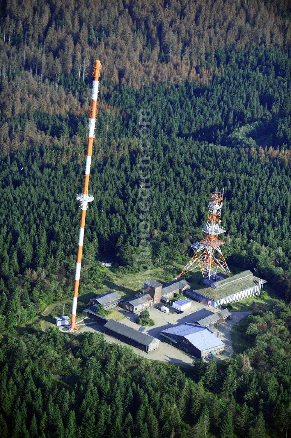 Torfhaus from the bird's eye view: Steel mast funkturm and transmission system as basic network transmitter Sender Torfhaus in Torfhaus in the state Lower Saxony, Germany