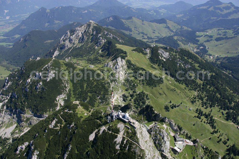 Aerial image Bayrischzell - Steel mast funkturm and transmission system as basic network transmitter Sender Wendelstein in Bayrischzell in the state Bavaria, Germany