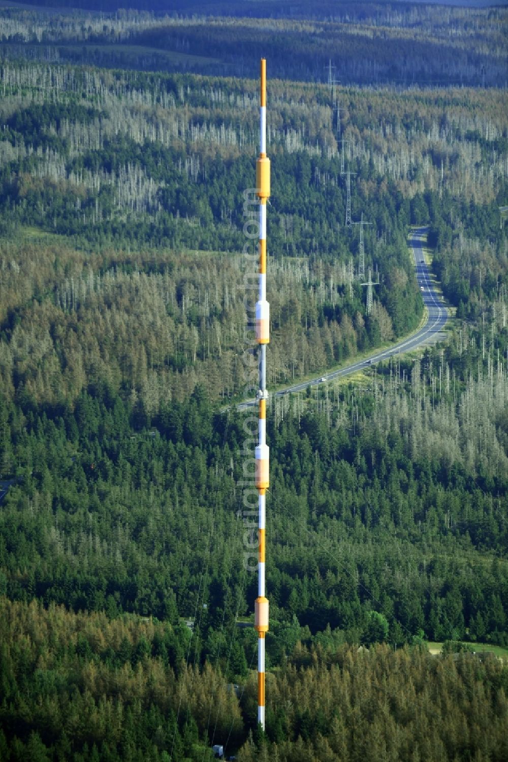 Aerial image Torfhaus - Steel mast funkturm and transmission system as basic network transmitter of NDR Norddeutscher Rundfunk in Torfhaus in the state Lower Saxony, Germany