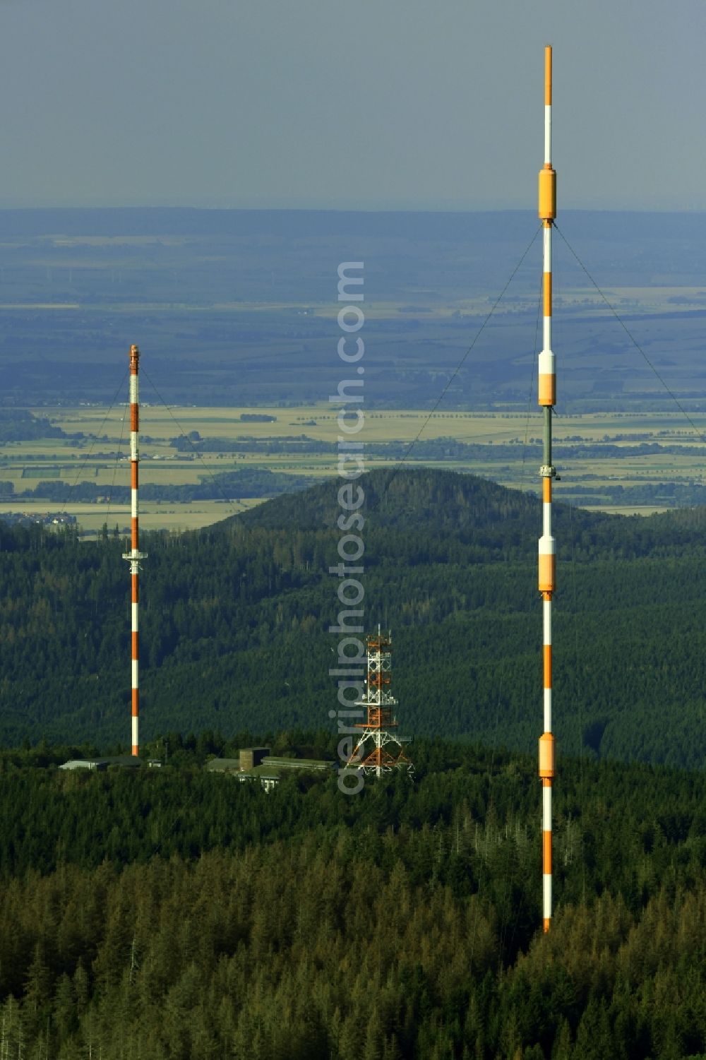 Torfhaus from above - Steel mast funkturm and transmission system as basic network transmitter of NDR Norddeutscher Rundfunk in Torfhaus in the state Lower Saxony, Germany
