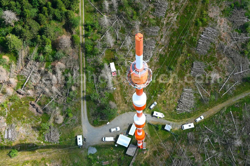 Torfhaus from the bird's eye view: Steel mast funkturm and transmission system as basic network transmitter of NDR Norddeutscher Rundfunk in Torfhaus in the state Lower Saxony, Germany