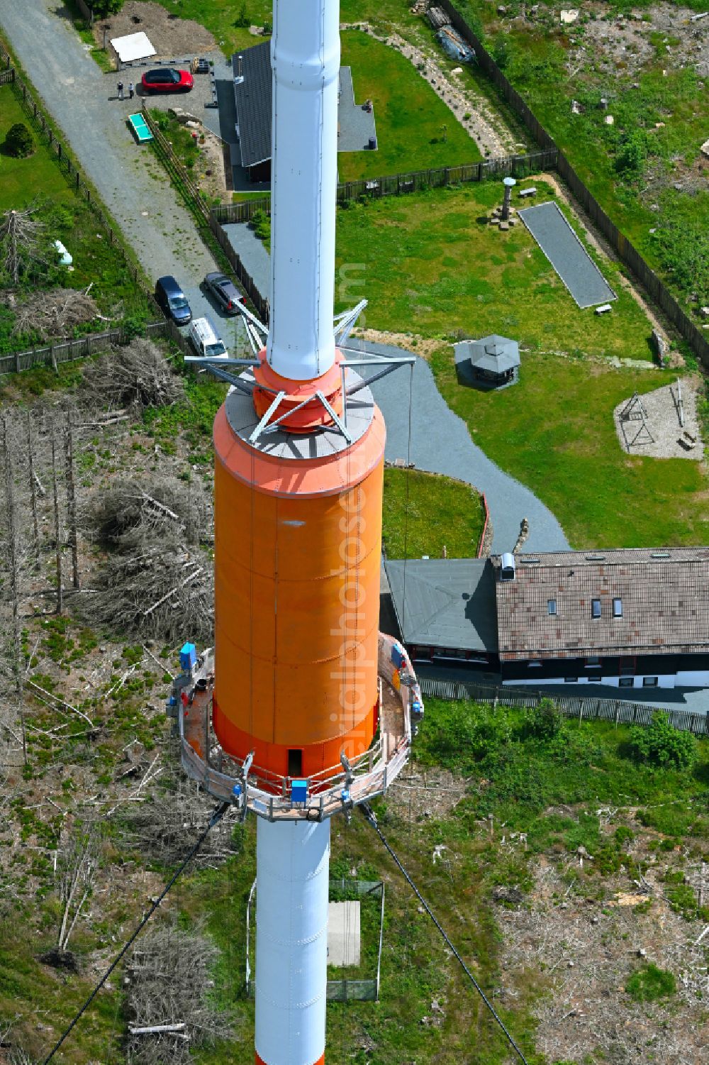 Torfhaus from above - Steel mast funkturm and transmission system as basic network transmitter of NDR Norddeutscher Rundfunk in Torfhaus in the state Lower Saxony, Germany