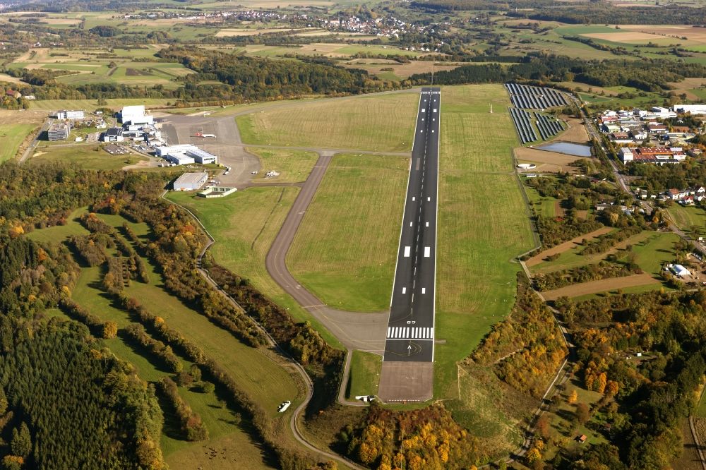 Aerial photograph Saarbrücken - Runway with taxiways to the terminal on the site of the Saarland, Saarbrücken Airport