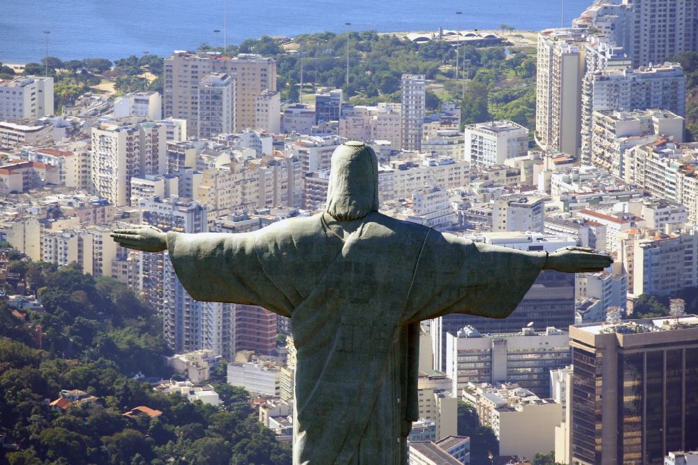 Aerial photograph Rio de Janeiro - Statue of Christ the Redeemer on Corcovado Mountain in the Tijuca forest in Rio de Janeiro in Brazil
