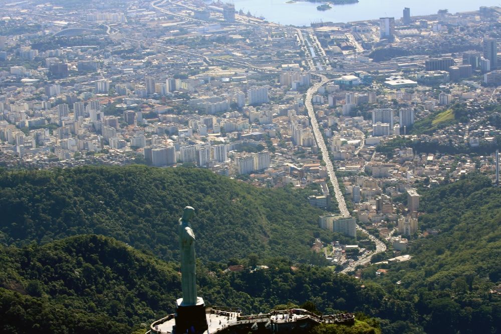 Aerial photograph Rio de Janeiro - Statue of Christ the Redeemer on Corcovado Mountain in the Tijuca forest in Rio de Janeiro in Brazil