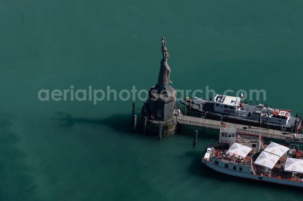 Konstanz from above - Ship moorings at the docks of the inland port for passenger ships and ferries at the Imperia statue on the shore of Lake Constance in the district Altstadt in Konstanz in the state Baden-Wurttemberg, Germany
