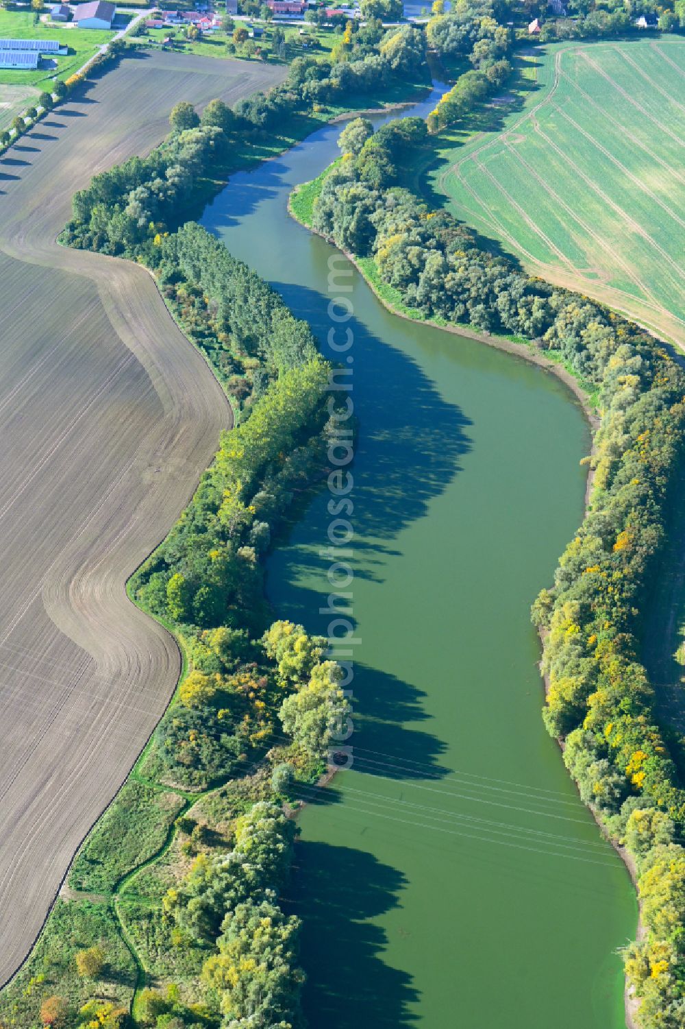 Brohm from above - Impoundment and shore areas at the lake Brohmer Stausee in Brohm in the state Mecklenburg - Western Pomerania, Germany