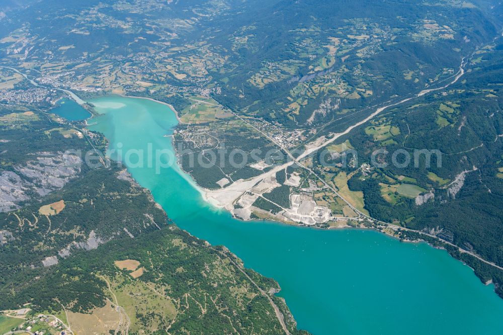 Crots from above - Impoundment and shore areas at the lake Lac de Serre-Poncon in Crots in Provence-Alpes-Cote d'Azur, France