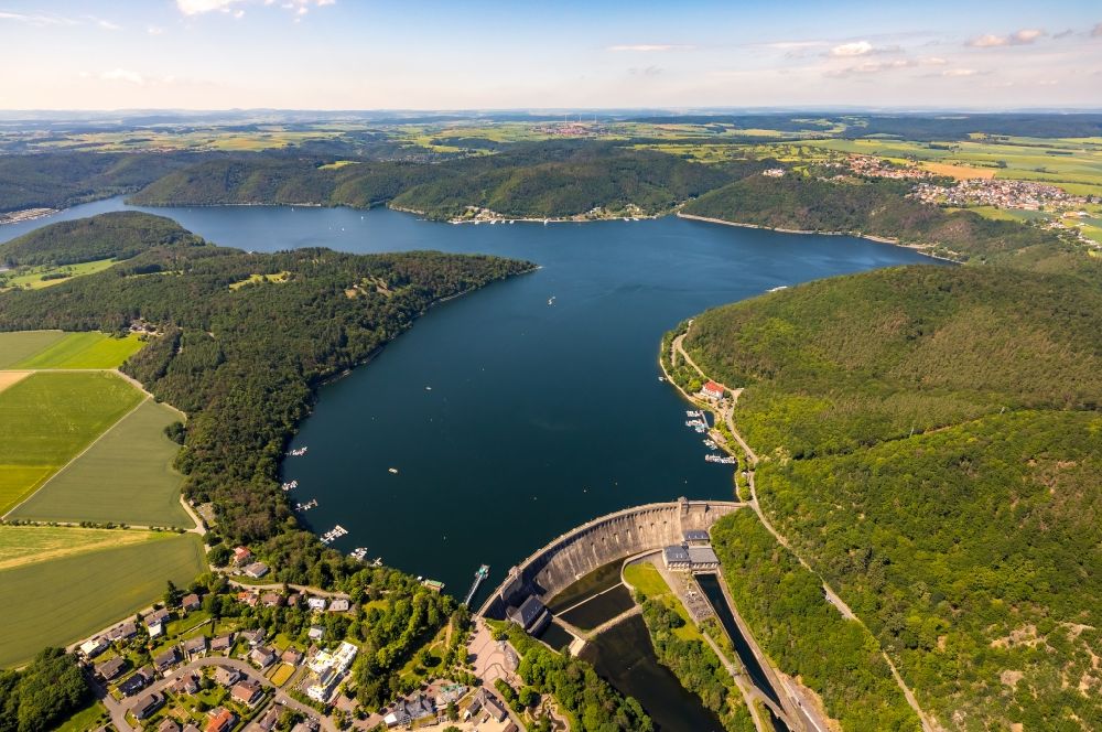 Aerial image Edertal - Impoundment and shore areas at the lake in Edertal in the state Hesse, Germany